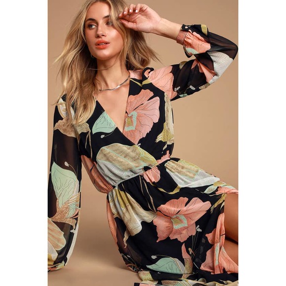 Lulus Wrap Maxi Dress XS Black Floral Print Wondrous Water Lilies Long Sleeve - Picture 6 of 12